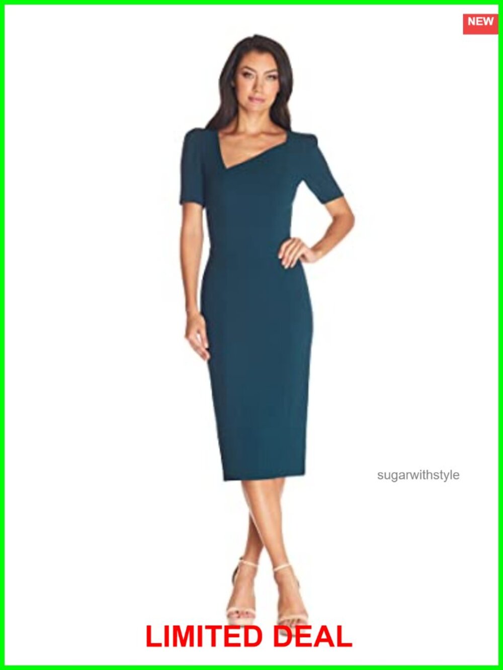 Women's Ruth Short Puff Sleeve Asymmetrical Neckline Bodycon Midi Dress